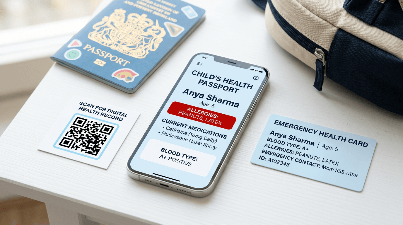 EverywhereHealth passport builder showing a child's health profile with allergies, medications and a scannable QR code